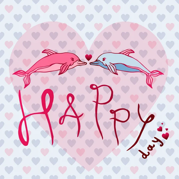 Liebe Delfine, Konzeptliebe, glücklicher Tag. Grußkarte oder Postkartenvektorillustration — Stockvektor