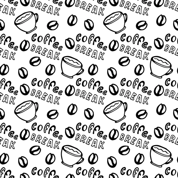 Modello di caffè senza soluzione di continuità con chicchi di caffè, tazze e scritte Pausa caffè. Il modello può essere utilizzato per texture superficiali, carta da parati, riempimenti di modelli, sfondo della pagina web . — Vettoriale Stock