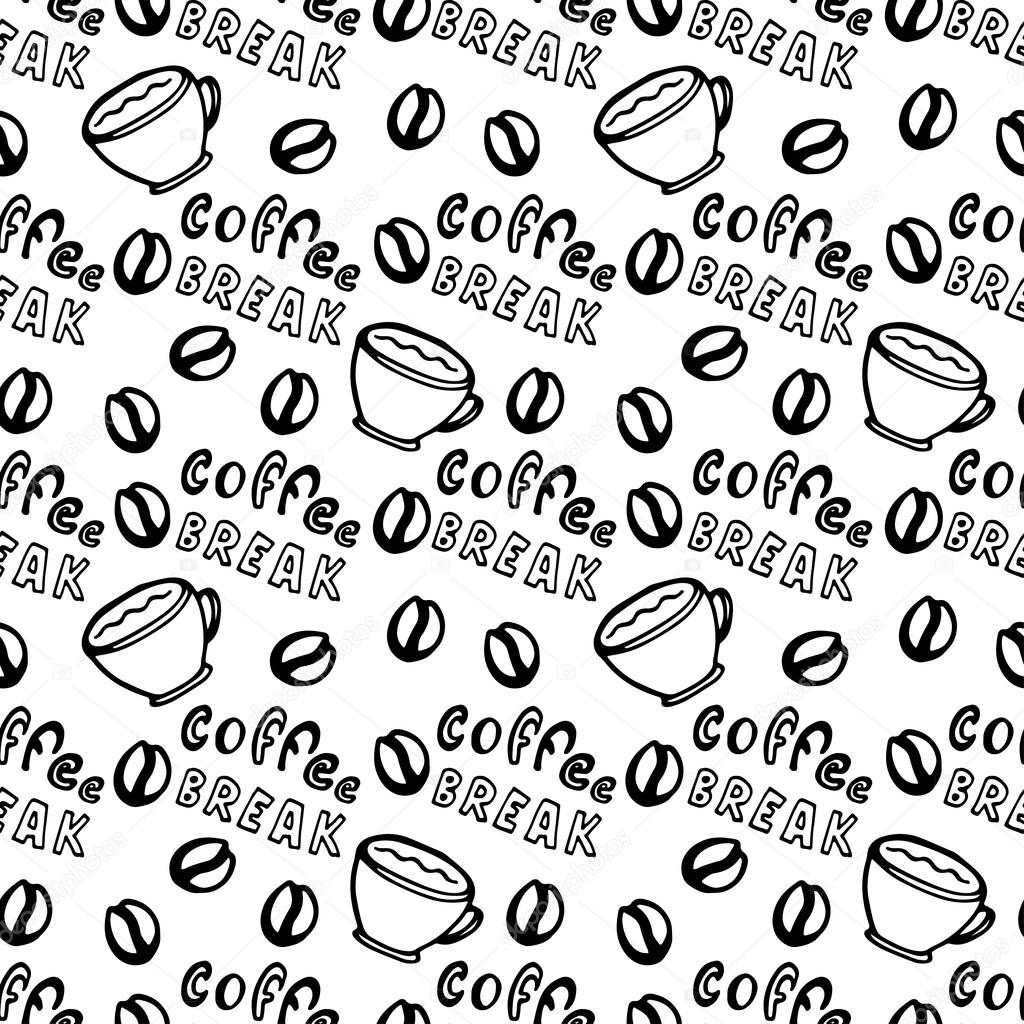 Patrón de café sin costuras con granos de café, tazas y letras - Pausa para  el café., image size:1024x1024