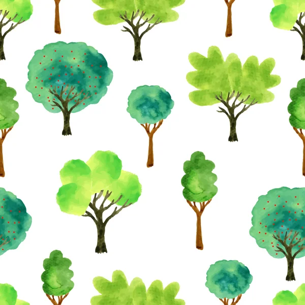 Lindos árboles de acuarela. Patrón sin costura de primavera. Ilustración vectorial para tela, papel y otros proyectos de impresión y web . — Vector de stock