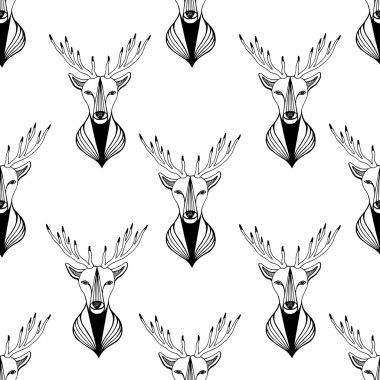 Seamless pattern with deer in black and white colors hipster illustration.