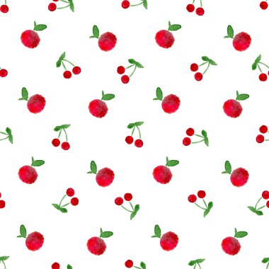 Suluboya elma ve kiraz tarafından el boyalı ile Seamless modeli. Meyve doku vektör çizim