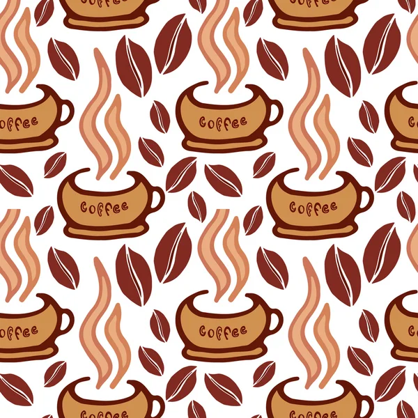 Café sans couture à motif dessiné à la main avec casquettes, texte, grains de café. Illustration vectorielle de fond — Image vectorielle