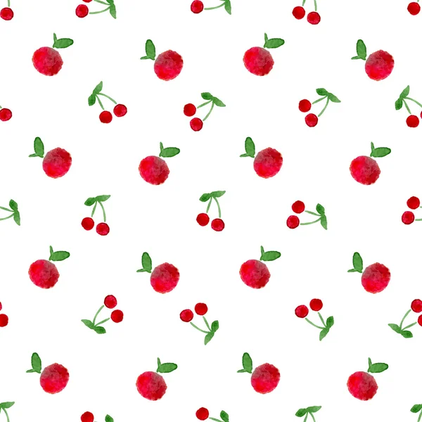 Patrón sin costuras con manzana acuarela y cereza pintada a mano. Textura de fruta vector ilustración — Vector de stock