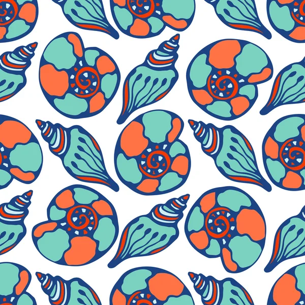 Conchas azul patrón sin costura. Vida marina dibujada a mano. Textura de fondo vectorial para tela, papel de regalo, textil, etc. . — Vector de stock