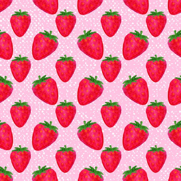 Texture senza cuciture acquerello con fragole su sfondo rosa. Disegno disegnato a mano con bacca sana. Illustrazione frutti estivi . — Foto Stock