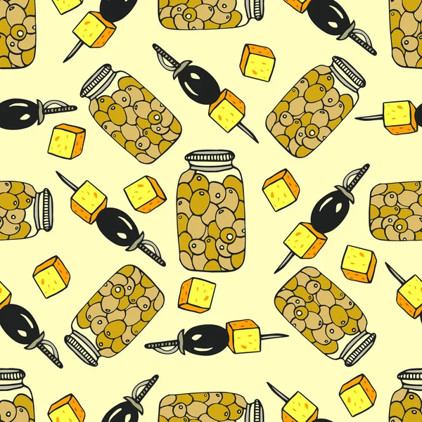 Varrat nélküli olajbogyó minta jar az olíva- és sajttal kanapén. Vektor doodle illusztráció — Stock Vector