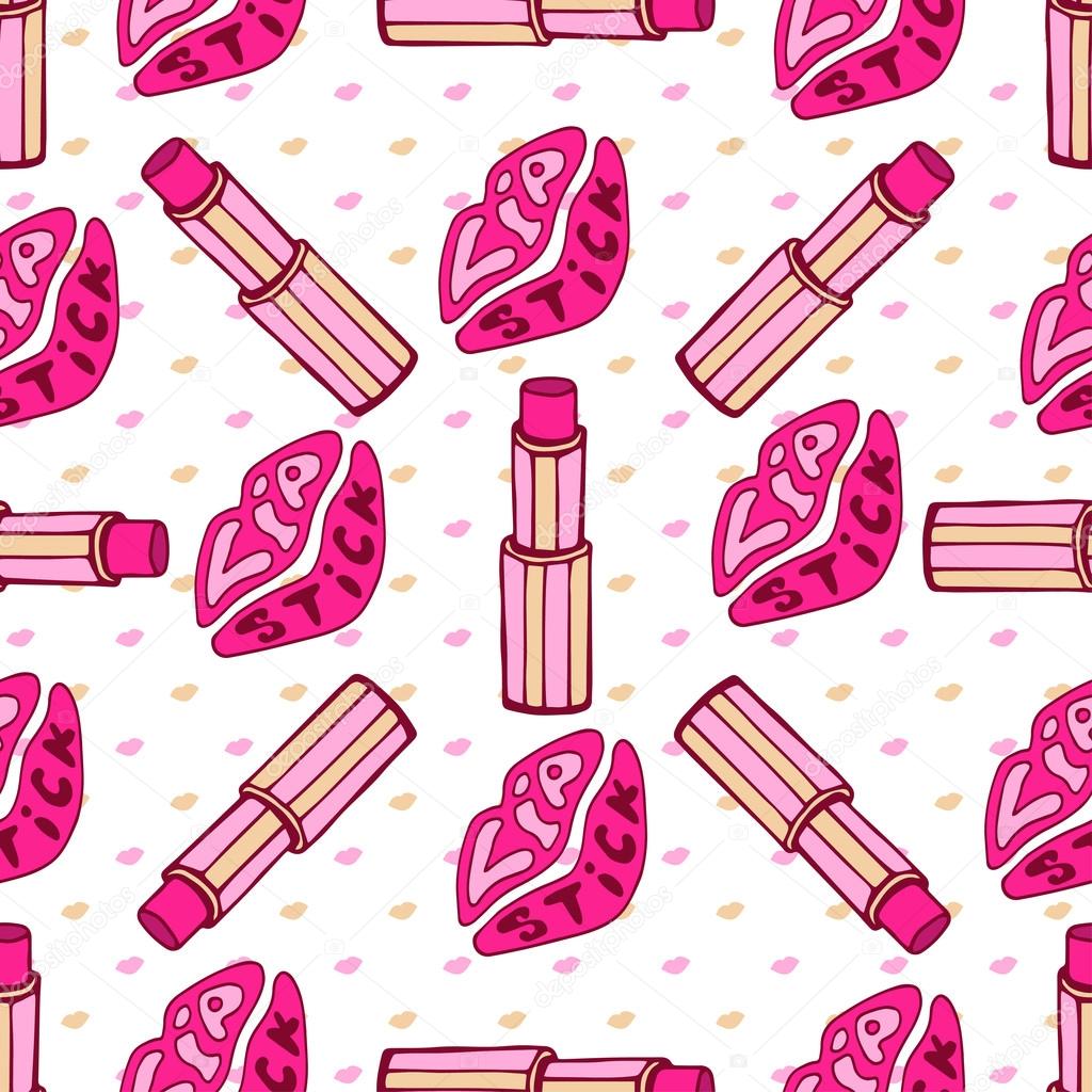 Kiss lips and pink lipstick fashion  seamless pattern on gold background. Beauty make-up products vector texture.