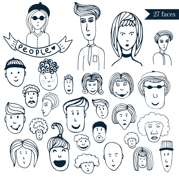 Handgetekende mensen menigte doodle collectie van avatars. — Stockvector
