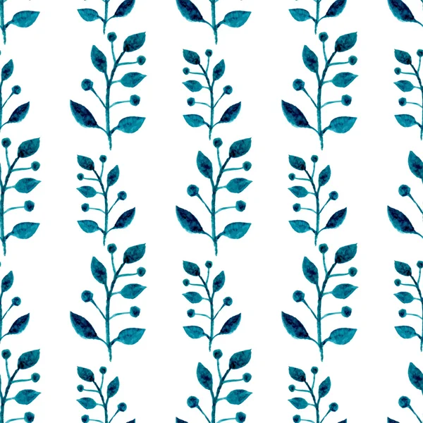 Aquarelle motif sans couture. Floral vecteur peinture à la main fond. Brindilles bleues, feuilles, feuillage sur fond blanc. Pour tissu, papier peint, emballage — Image vectorielle