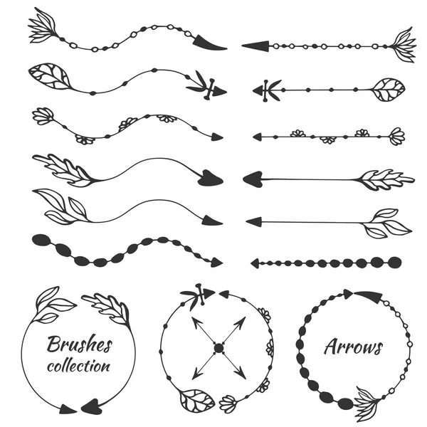 Pinsel Sammlung mit Pfeilen. runder Rahmen mit dekorativen Elementen. Tusche handgezeichnete Illustration für Einladung, Hochzeit, Grußkarte und Webdesign — Stockvektor