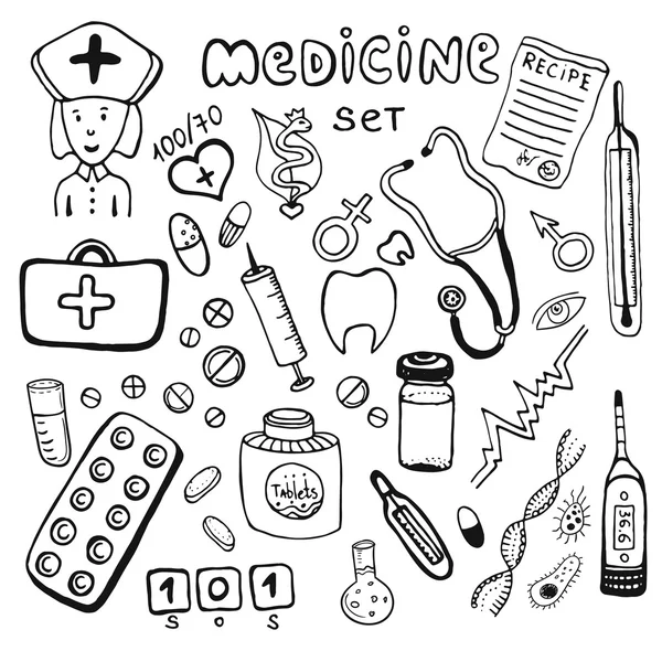 Cuidado de la salud y medicina doodle icono conjunto — Vector de stock