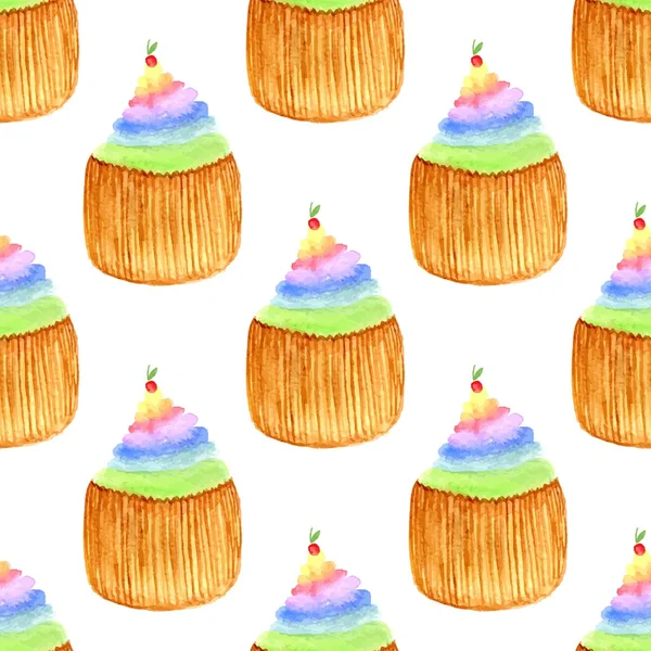 Süße Cupcakes mit Kirsche. nahtlose Vektormuster. Handgezeichnete Regenbogen-Aquarellmalerei. — Stockvektor