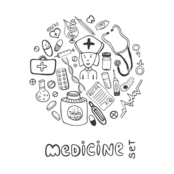 Handritad medicin doodle ikoner set. — Stock vektor