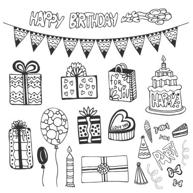 Doğum günü elle çizilmiş öğeleri.