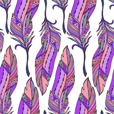 Renkli tüyler Dikişsiz desen Etnik tarzda. El çekilmiş zentangle doodle süsleme desen vektör eşarplı