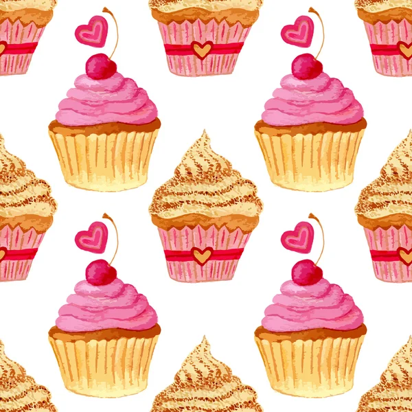 Ακουαρέλα cupcakes με καρδιές — Διανυσματικό Αρχείο