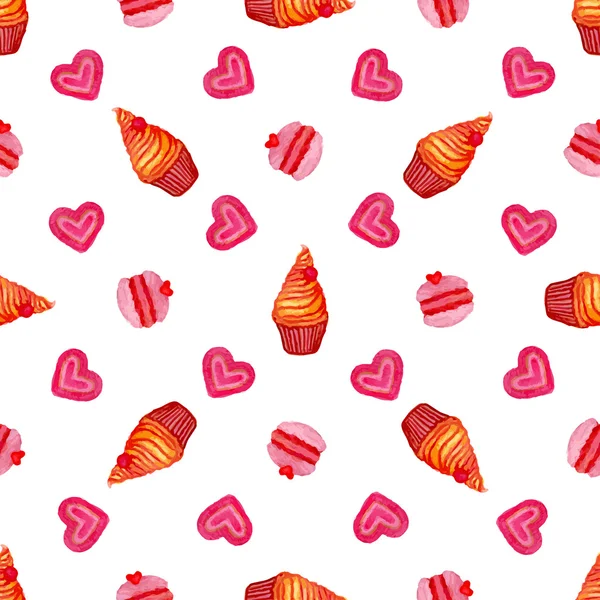 Cupcake, macaroons och söta hjärtan. — Stock vektor