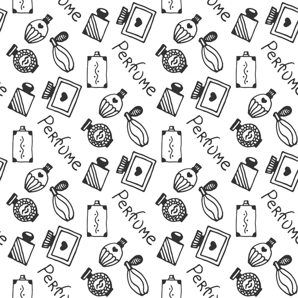 Parfym seamless mönster. Doodle skiss av parfymflaskor på vit bakgrund — Stock vektor