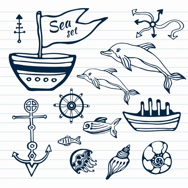 Set di scarabocchi disegnati a mano dalla vita marina. Raccolta di schizzi nautici con nave, delfino, conchiglie, ancore e timone. Illustrazione vettoriale. Può essere utilizzato per la stampa di oggetti — Vettoriale Stock