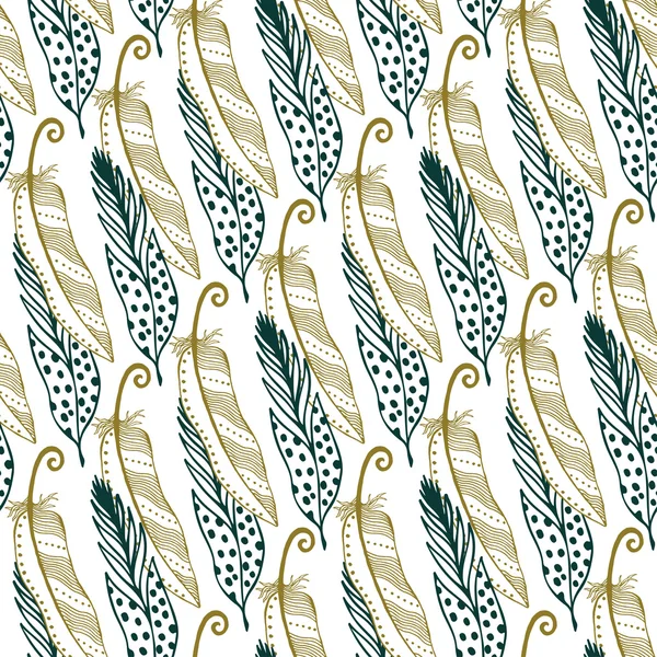 Plumas de oro vintage fondo sin costuras. Ilustración hecha a mano. Fondo de plumas tribales bohemias vintage . — Vector de stock