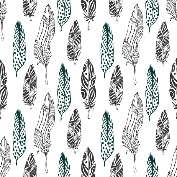 Plumas patrón sin costuras en estilo étnico. Patrón de ornamento garabato zentangle dibujado a mano con pluma vectorial — Vector de stock
