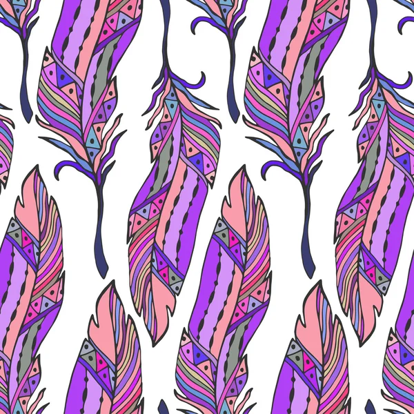 Kleurrijke veren naadloze patroon in etnische stijl. Hand getekende zentangle doodle ornament patroon met vector veren — Stockvector