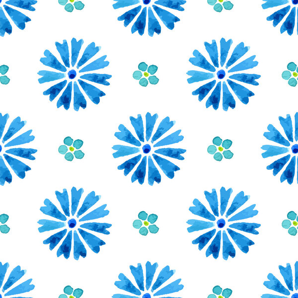 Бесшовный рисунок с акварелью василькового цвета и забывчивостью. Синие цветы. Фон для дизайна и декора. Может быть использован для подарочных пакетов, обертывания, текстиля, ткани, обои, поздравительные открытки
