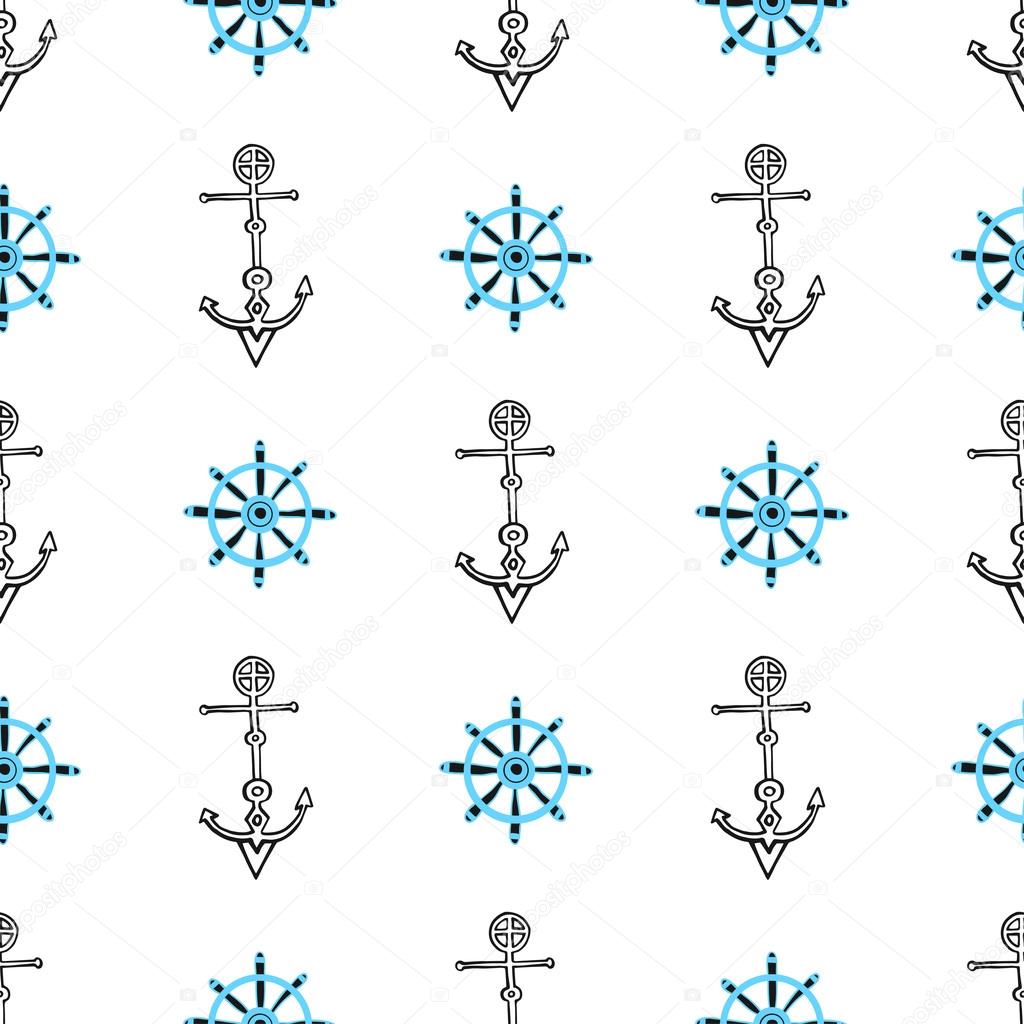 Seamless nautical background with anchors and ship wheels. Hand drawn sea seamless pattern.