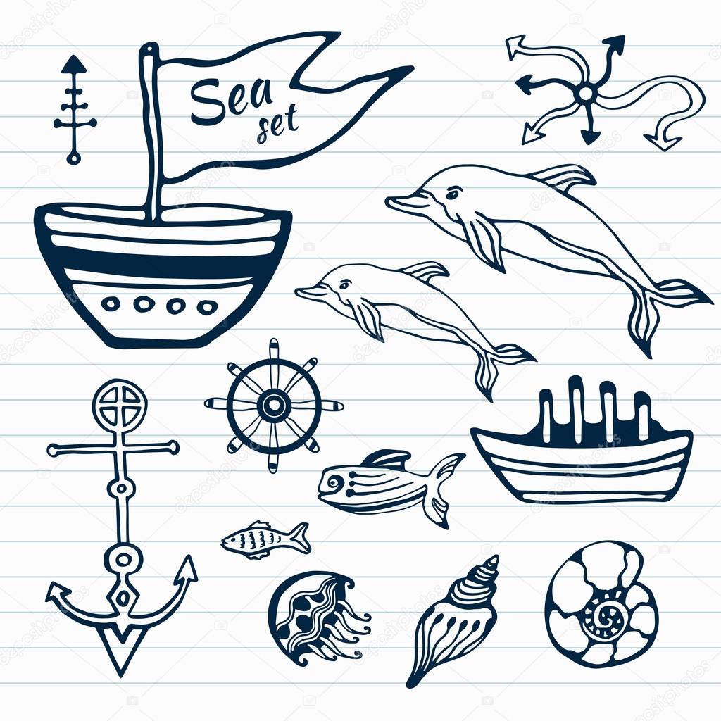 Sea life hand drawn doodle set. Nautical sketch collection with ship, dolphin, shells, fish anchors and helm . Vector illustration. Can use for object printing