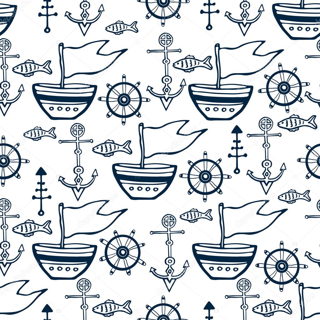 Sea life doodle set. Nautical sketch collection with ship, dolphin, shells, fish anchors and helm . Vector illustration. Can use for object printing and web