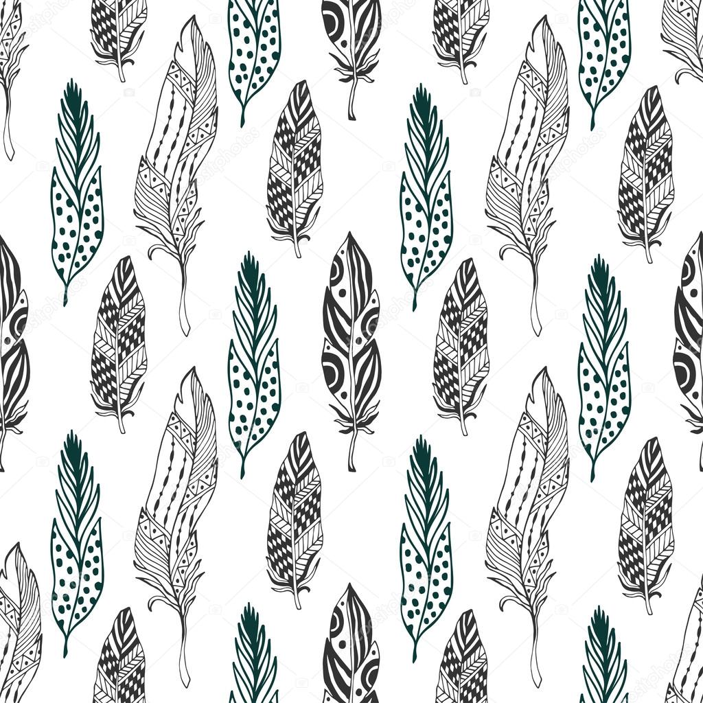Feathers seamless pattern in ethnic style. Hand drawn zentangle doodle ...