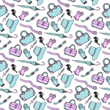 Elle çizilmiş moda aksesuarları ve çanta seamless modeli mavi ve pembe pastel renklerde doodle. Alışveriş arka plan kroki