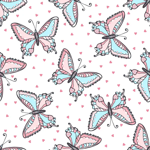 Vlinders naadloze patroon in doodle stijl. Hand getekend vlinder vectorillustratie voor weefsel. textiel, onmiddellijke verpakking, behang, verpakking en andere schoonheid design. Pastel kleuren — Stockvector