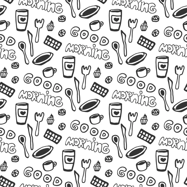 Good morning seamless pattern. Vector seamless pattern with doodle tea cups, plate, chocolate, spoon and fork, cakes. Hand drawn texture. — Stock Vector