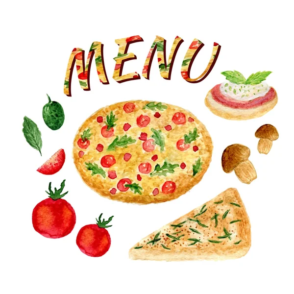 Akvarel kolekce sady pizzu izolovaný. Italské ingredience pro menu. Rajčata, olivový, bruschetta, focaccia, žampiony a bazalkou. Vektorové ilustrace — Stockový vektor