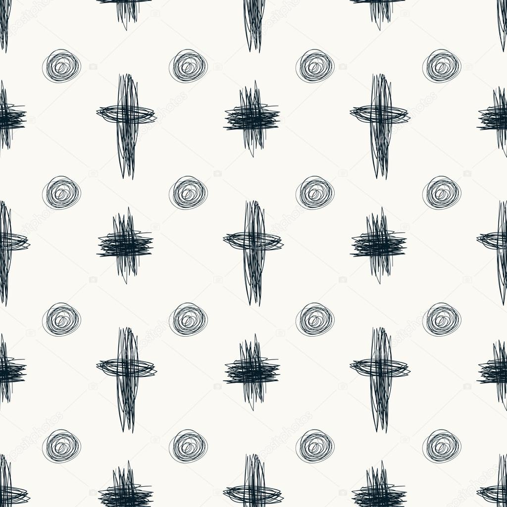 Doodle sketch seamless pattern with circles and crosses. Hand drawn black cross on whit background