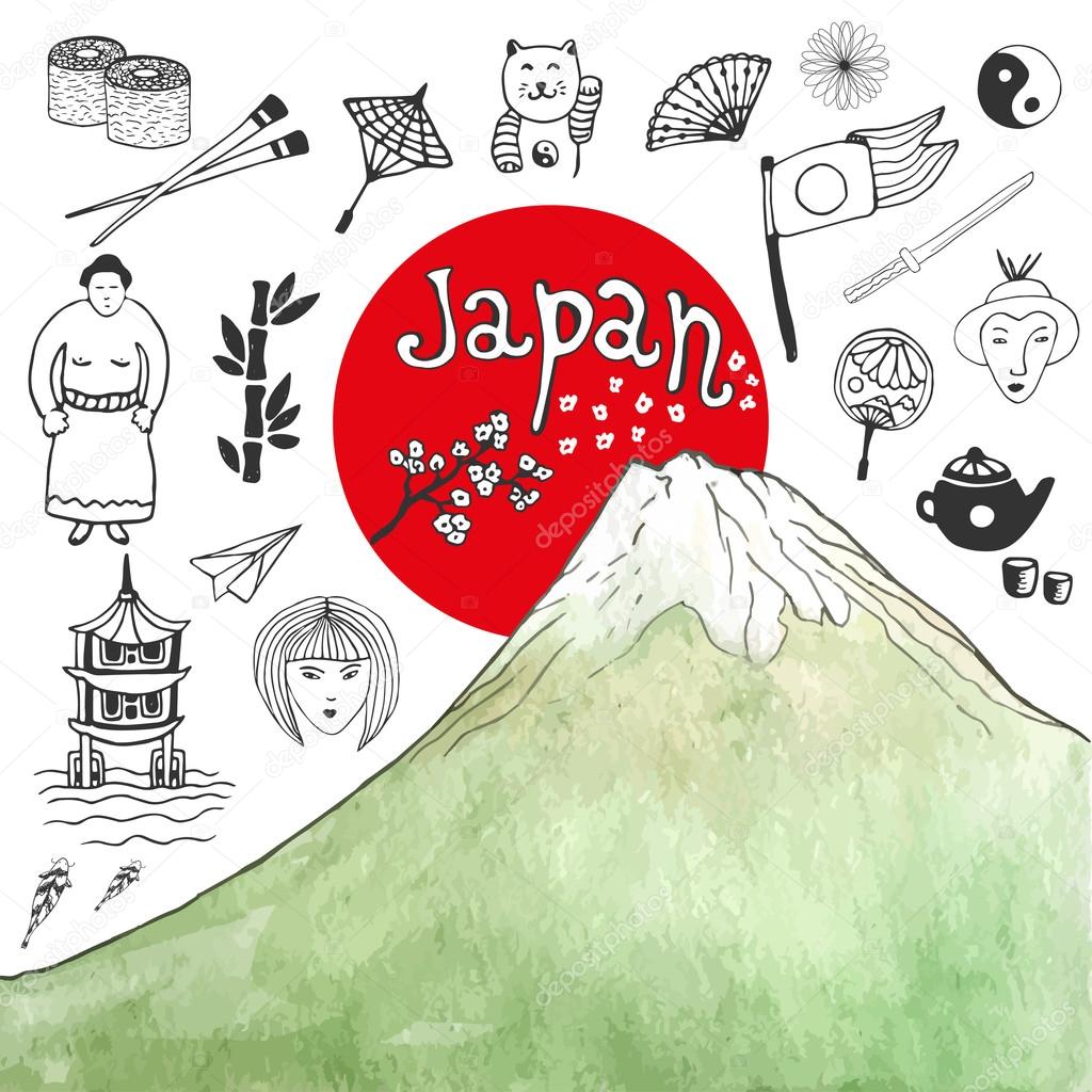 Doodle hand drawn collection of Japan icons with watercolor mountain. Japan culture elements for design. Vector illustration.