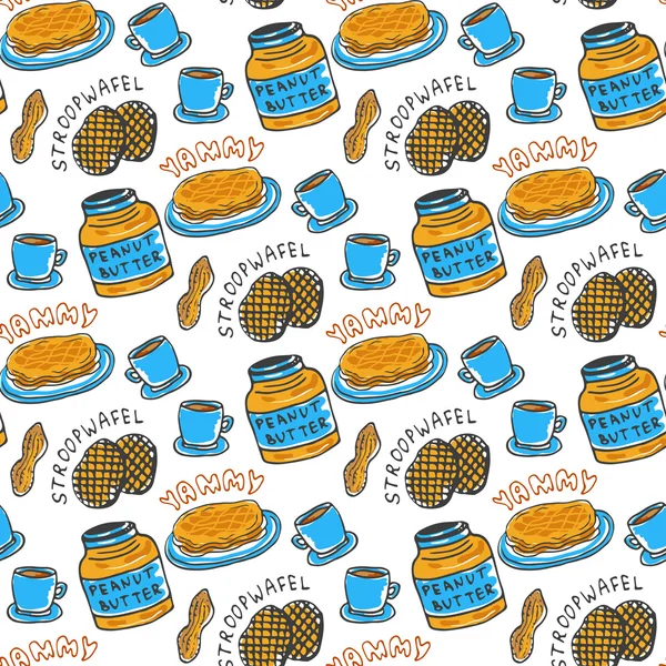 Desayuno, té, nueces, stroopwafel y panqueques . — Vector de stock