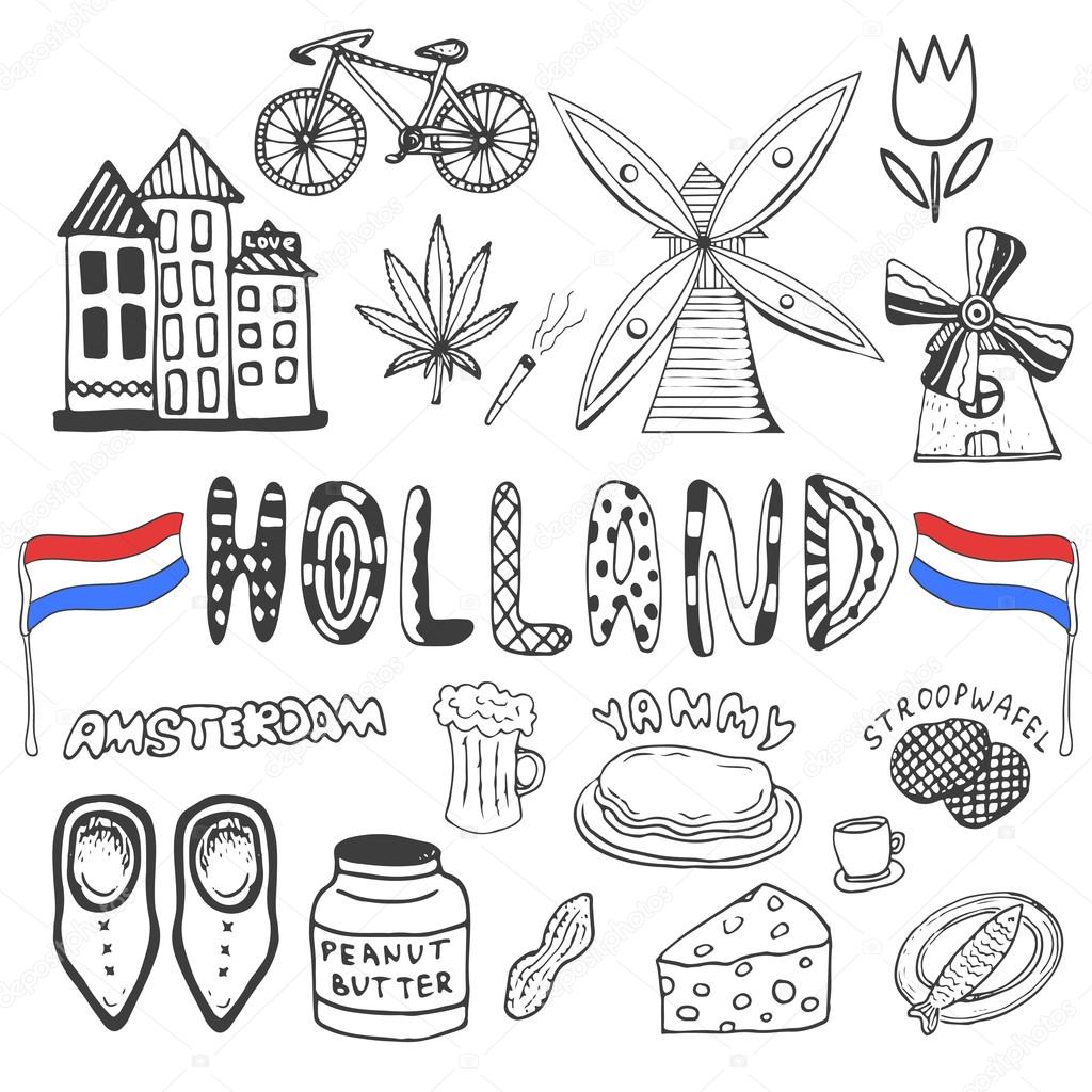 Doodle hand drawn collection of Holland icons. Netherlands culture elements for design. Vector illustration with travel objects