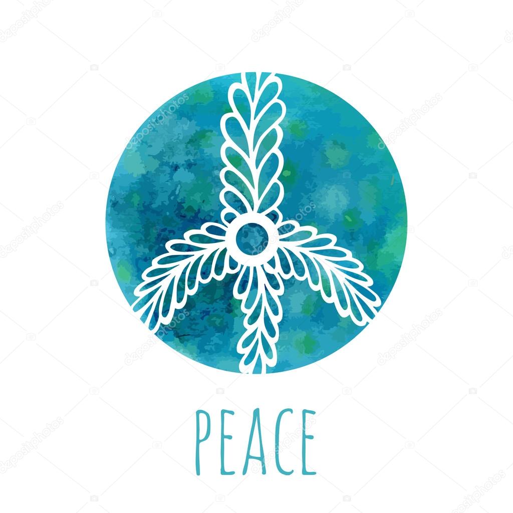 Watercolor background with peace sign. Music and love concept with hand-drawn doodle ornament. Hippie vector illustration. Icon, logo, print
