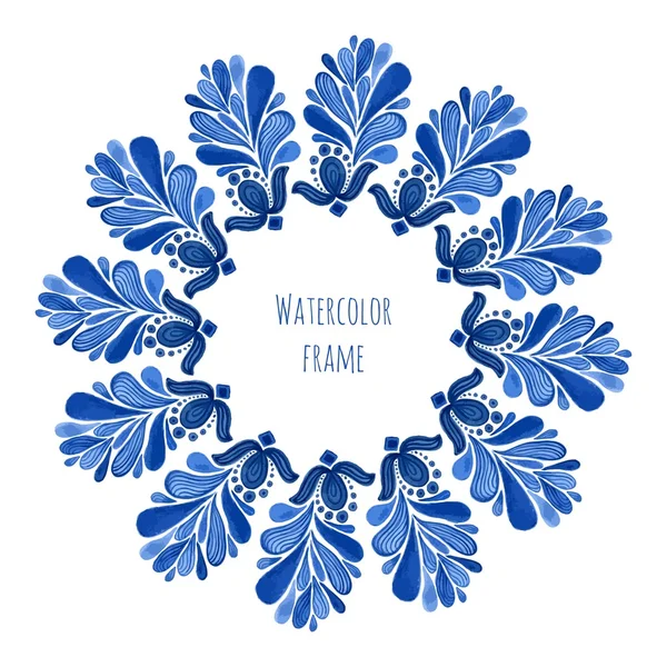 Moldura redonda floral tradicional azul — Vetor de Stock