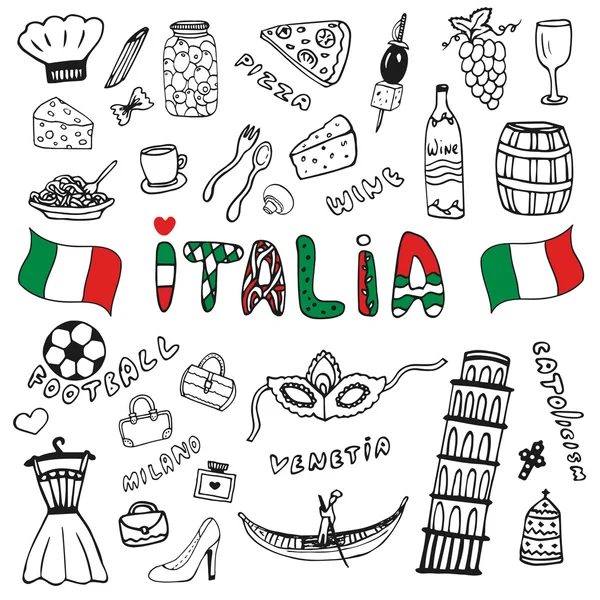 Doodle hand dras samling av Italien ikoner — Stock vektor