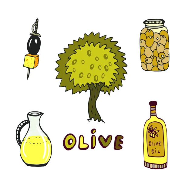 Olive doodle icone set con albero — Vettoriale Stock