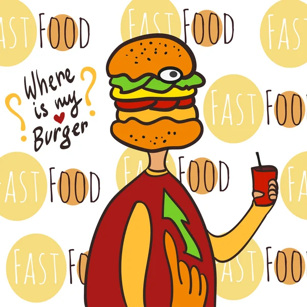 Éhes kövér ember fejjel burger. — Stock Vector