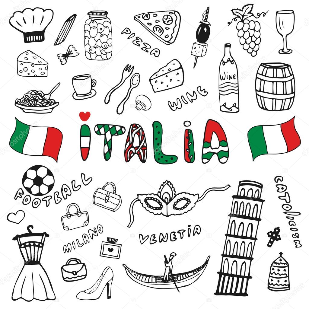 Doodle hand drawn collection of Italy icons