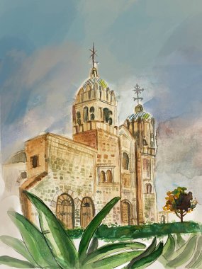 Suluboya beyaz arka planda kilise