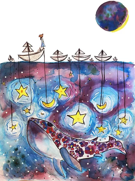 woman in the ocean fishing for stars and moons watercolor