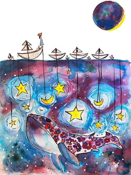 woman in the ocean fishing for stars and moons watercolor