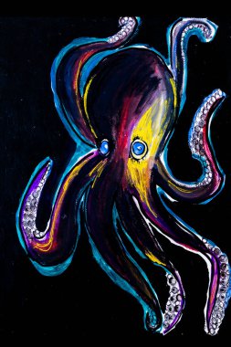 ahtapot suluboya, siyah arkaplanda